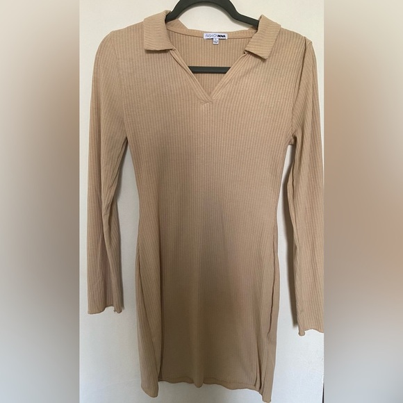 NWOT Fashion Nova tan beige collar dress medium-large - Picture 3 of 7